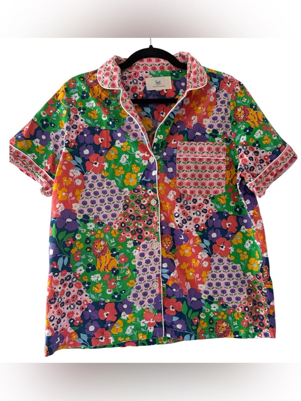 Printfresh Flower Power Colorblock Lion Printed Pajama Top (Medium)